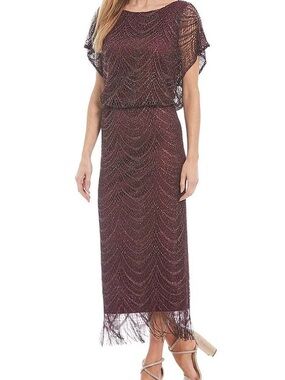 SLNY Wine Burgundy Beaded Midi Dress with Fringe